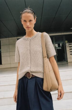 Embellished neck knit cardigan front view
