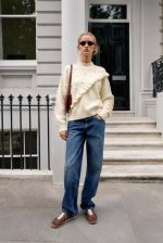 75211-Ruffle Detail Embellished Knit Sweater-Off White-1 Ruffle detail knit sweater front view