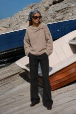 75214-Brooch Detail Boat Neck Knit Sweater-Beige-2 Beige boat neck knit sweater with gold brooch