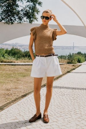 Ruffle sleeve knit top front view