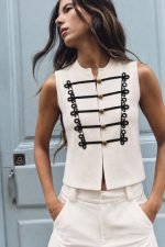 75225-Military Braid Detail Knit Vest-Off White-3 Military braid knit vest close up