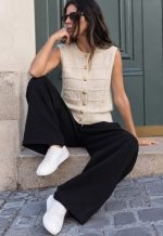 75226-Gold Button Embroidered Knit Vest-Off White-1 Gold button knit vest front view