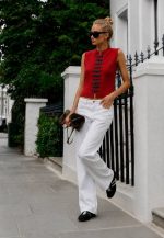 75227-Frog Closure Sleeveless Knit Top-Red-3 Frog closure knit top styled with white jeans