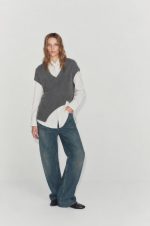 75231-Asymmetric Hem V Neck Knit Vest-Anthracite-1 Asymmetric knit vest front view