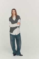 75231-Asymmetric Hem V Neck Knit Vest-Anthracite-2 Grey v neck knit vest layered over shirt