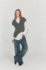 75231-Asymmetric Hem V Neck Knit Vest-Anthracite-3 Asymmetric hem knit vest styled look
