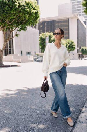 V neck oversized knit sweater front view