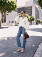 Relaxed v neck knit sweater with jeans