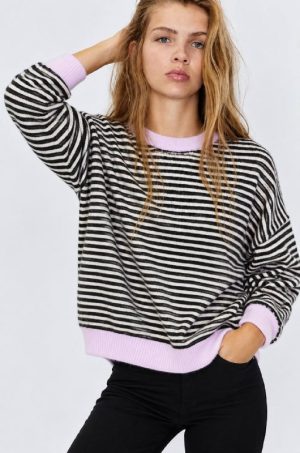 Contrast trim striped knit sweater front view