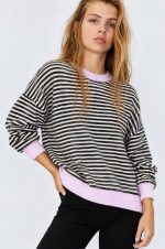 75234-Contrast Trim Striped Knit Sweater-Lilac-2 Striped knit sweater with lilac ribbed trims