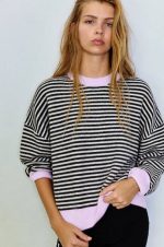 75234-Contrast Trim Striped Knit Sweater-Lilac-3 Fine stripe knit sweater close up