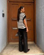 75235-Striped Curved Hem Knit Vest-Off White-Black-2 Striped knit vest back view