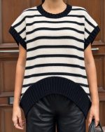 75235-Striped Curved Hem Knit Vest-Off White-Black-3 Striped knit vest curved hem close up