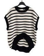 75235-Striped Curved Hem Knit Vest-Off White-Black-4 Striped curved hem knit vest on hanger