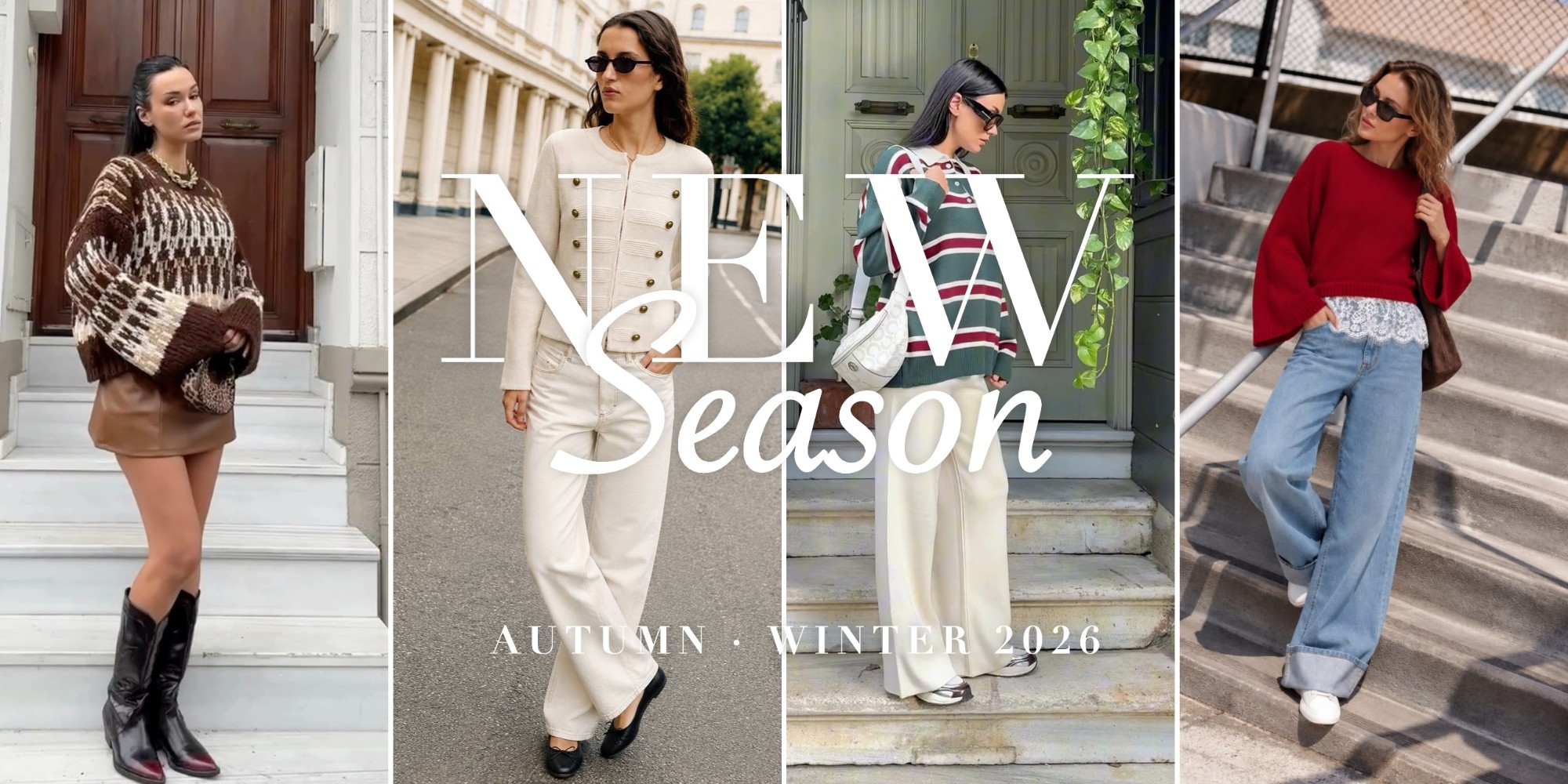 Naturallove Autumn Winter 2026 new season wholesale women's knitwear – chunky jacquard sweater, cream knit jacket, striped polo knit and red cropped sweater